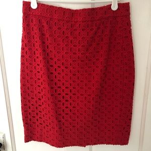 J. Crew Red Eyelet Pencil Skirt
